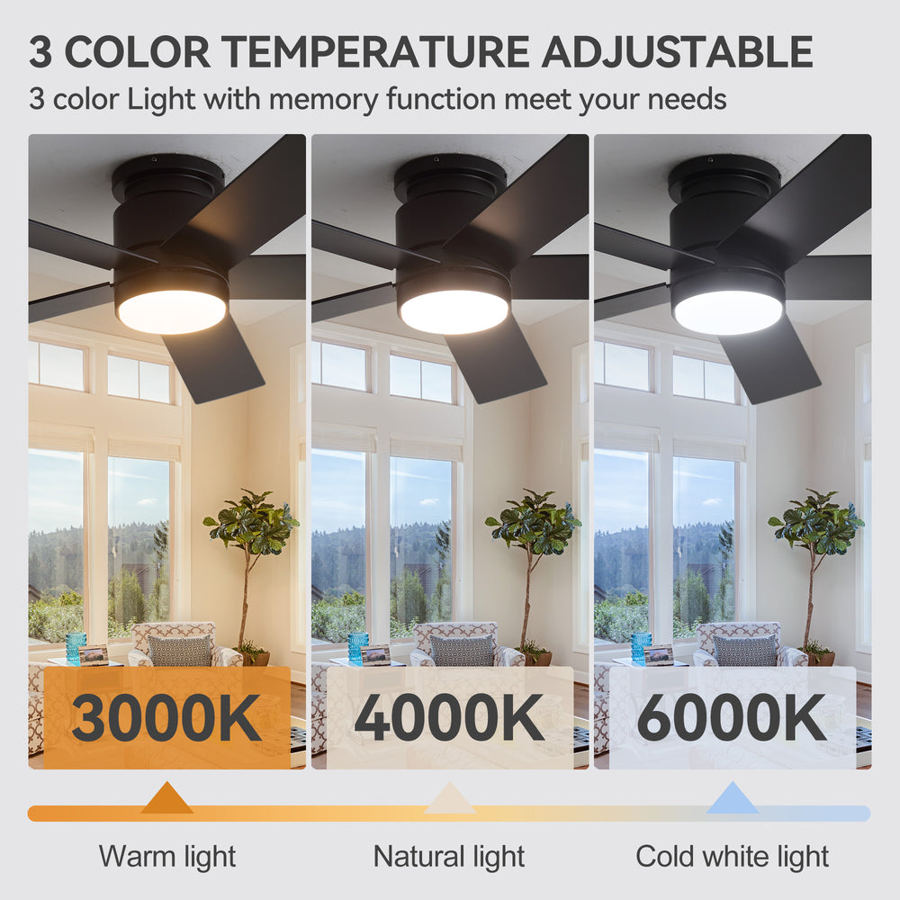 42"/52" Ceiling Fan with Light, Matte Black Finish, 5 Black Blades, Acrylic 18W LED (3 Color Temps with Memory), Quiet DC Motor, 6 Speeds, Forward/Reverse Airflow, Timer, Full Remote Control Included