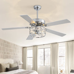 52" Chrome Ceiling Fan with Light, Crystal Shade, Dual E26 Bulb Base, 6-Speed DC Motor, Reversible for Summer & Winter, Timer Function, Silver/Gray Wood Grain Plywood Blades, Remote Control, Includes 5" & 10" Downrods