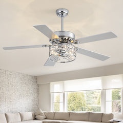 52" Chrome Ceiling Fan with Light, Crystal Shade, Dual E26 Bulb Base, 6-Speed DC Motor, Reversible for Summer & Winter, Timer Function, Silver/Gray Wood Grain Plywood Blades, Remote Control, Includes 5" & 10" Downrods