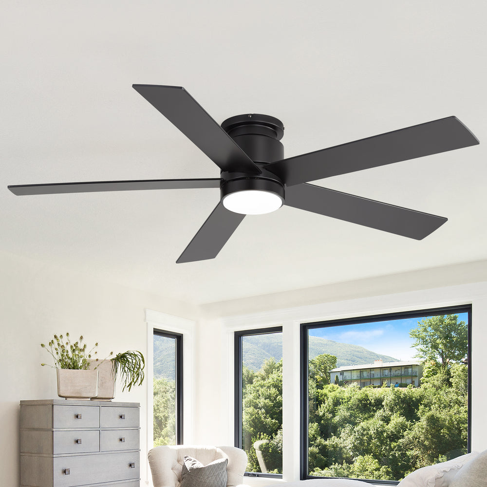 42"/52" Ceiling Fan with Light, Matte Black Finish, 5 Black Blades, Acrylic 18W LED (3 Color Temps with Memory), Quiet DC Motor, 6 Speeds, Forward/Reverse Airflow, Timer, Full Remote Control Included