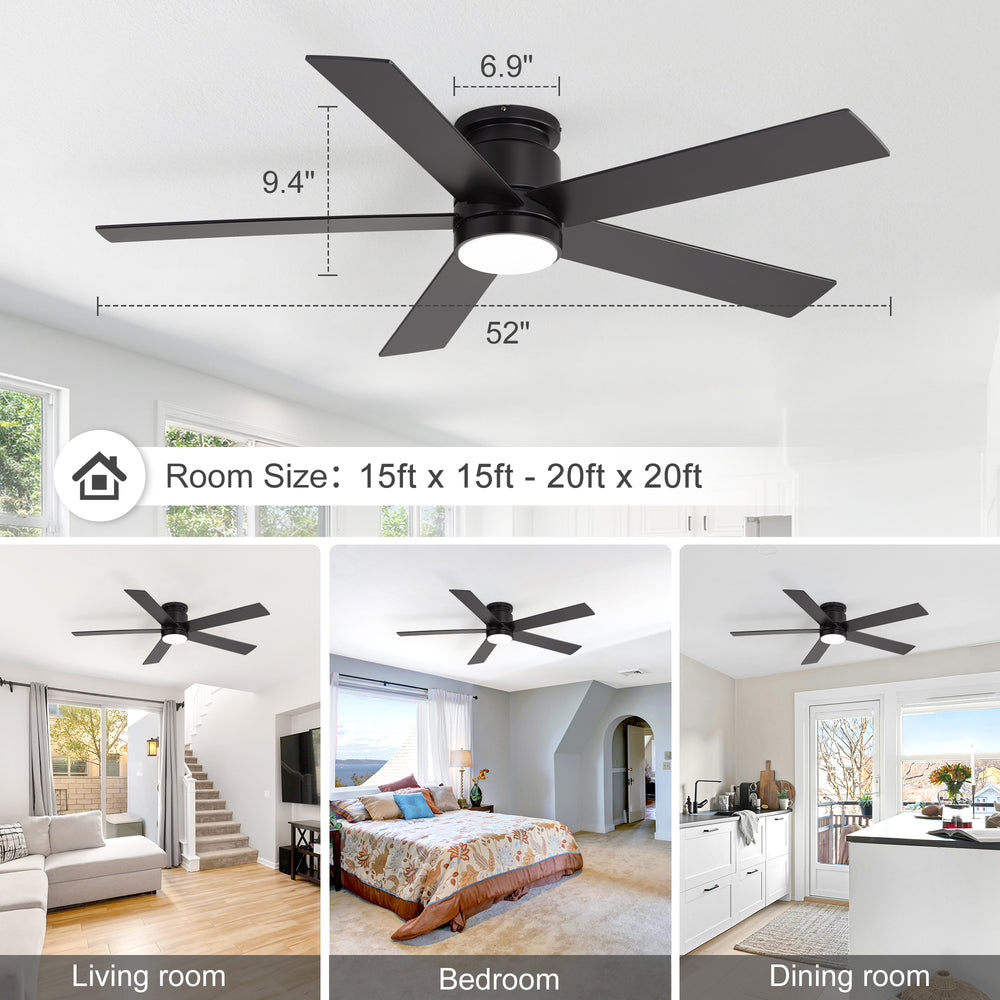 42"/52" Ceiling Fan with Light, Matte Black Finish, 5 Black Blades, Acrylic 18W LED (3 Color Temps with Memory), Quiet DC Motor, 6 Speeds, Forward/Reverse Airflow, Timer, Full Remote Control Included