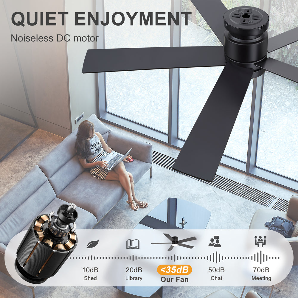 42"/52" Ceiling Fan with Light, Matte Black Finish, 5 Black Blades, Acrylic 18W LED (3 Color Temps with Memory), Quiet DC Motor, 6 Speeds, Forward/Reverse Airflow, Timer, Full Remote Control Included