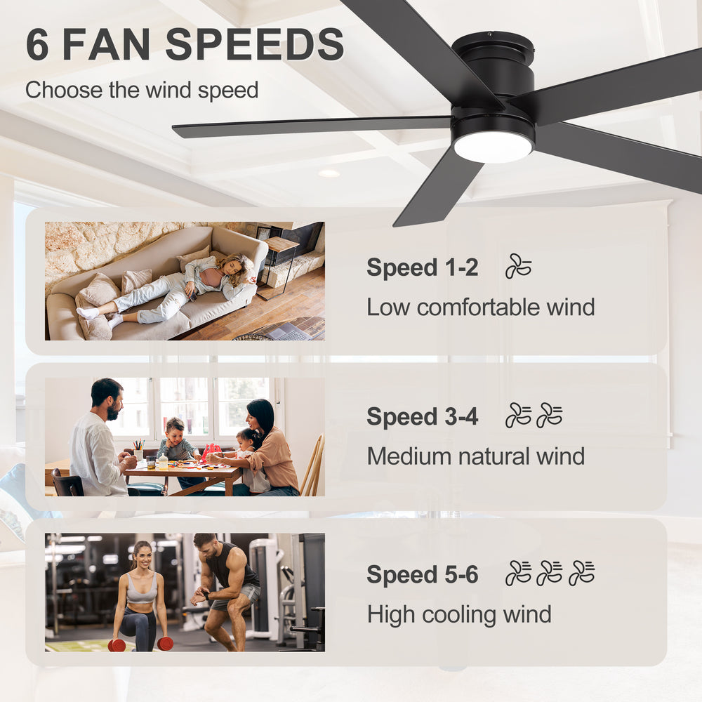 42"/52" Ceiling Fan with Light, Matte Black Finish, 5 Black Blades, Acrylic 18W LED (3 Color Temps with Memory), Quiet DC Motor, 6 Speeds, Forward/Reverse Airflow, Timer, Full Remote Control Included