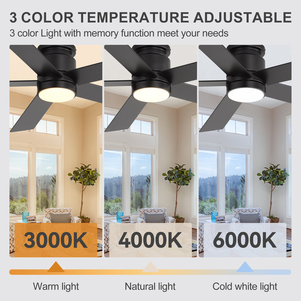 42"/52" Ceiling Fan with Light, Matte Black Finish, 5 Black Blades, Acrylic 18W LED (3 Color Temps with Memory), Quiet DC Motor, 6 Speeds, Forward/Reverse Airflow, Timer, Full Remote Control Included