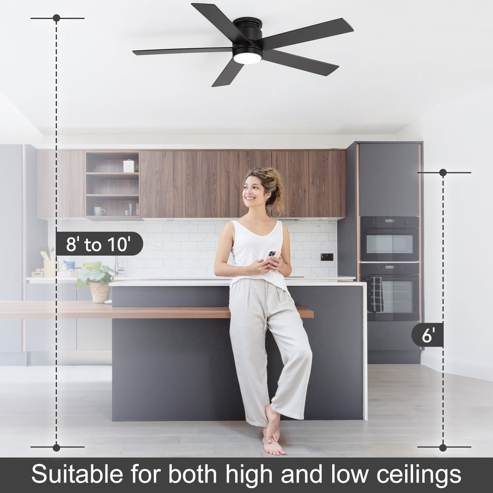 42"/52" Ceiling Fan with Light, Matte Black Finish, 5 Black Blades, Acrylic 18W LED (3 Color Temps with Memory), Quiet DC Motor, 6 Speeds, Forward/Reverse Airflow, Timer, Full Remote Control Included