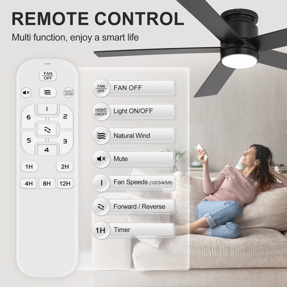 42"/52" Ceiling Fan with Light, Matte Black Finish, 5 Black Blades, Acrylic 18W LED (3 Color Temps with Memory), Quiet DC Motor, 6 Speeds, Forward/Reverse Airflow, Timer, Full Remote Control Included