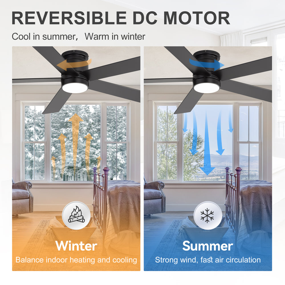 42"/52" Ceiling Fan with Light, Matte Black Finish, 5 Black Blades, Acrylic 18W LED (3 Color Temps with Memory), Quiet DC Motor, 6 Speeds, Forward/Reverse Airflow, Timer, Full Remote Control Included