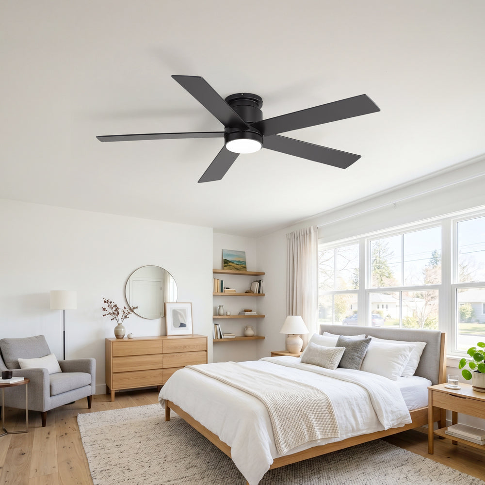 52" Smart Ceiling Fan with Lights and Remote, Flush Mount, APP & Alexa Voice Control, Quiet DC Motor, 6 Speeds, Reversible, 3CCT Dimmable LED, Black