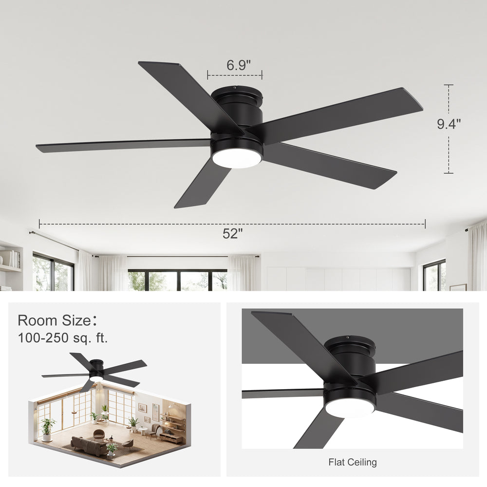 52" Smart Ceiling Fan with Lights and Remote, Flush Mount, APP & Alexa Voice Control, Quiet DC Motor, 6 Speeds, Reversible, 3CCT Dimmable LED, Black
