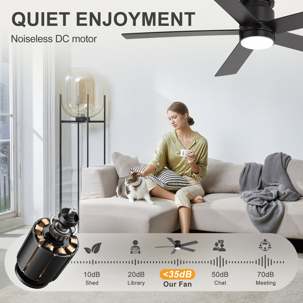 52" Smart Ceiling Fan with Lights and Remote, Flush Mount, APP & Alexa Voice Control, Quiet DC Motor, 6 Speeds, Reversible, 3CCT Dimmable LED, Black