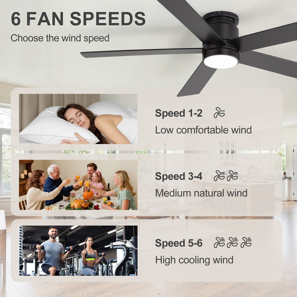 52" Smart Ceiling Fan with Lights and Remote, Flush Mount, APP & Alexa Voice Control, Quiet DC Motor, 6 Speeds, Reversible, 3CCT Dimmable LED, Black