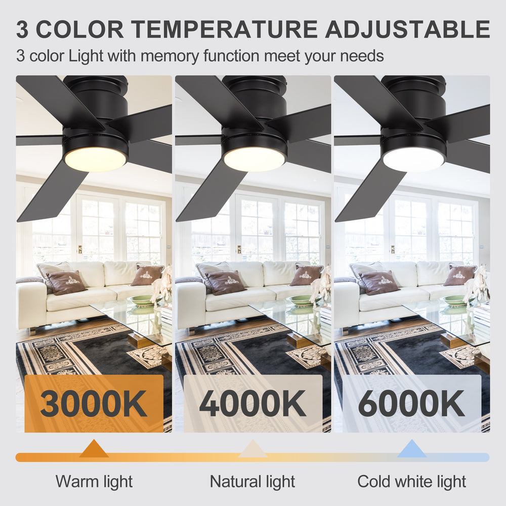 52" Smart Ceiling Fan with Lights and Remote, Flush Mount, APP & Alexa Voice Control, Quiet DC Motor, 6 Speeds, Reversible, 3CCT Dimmable LED, Black