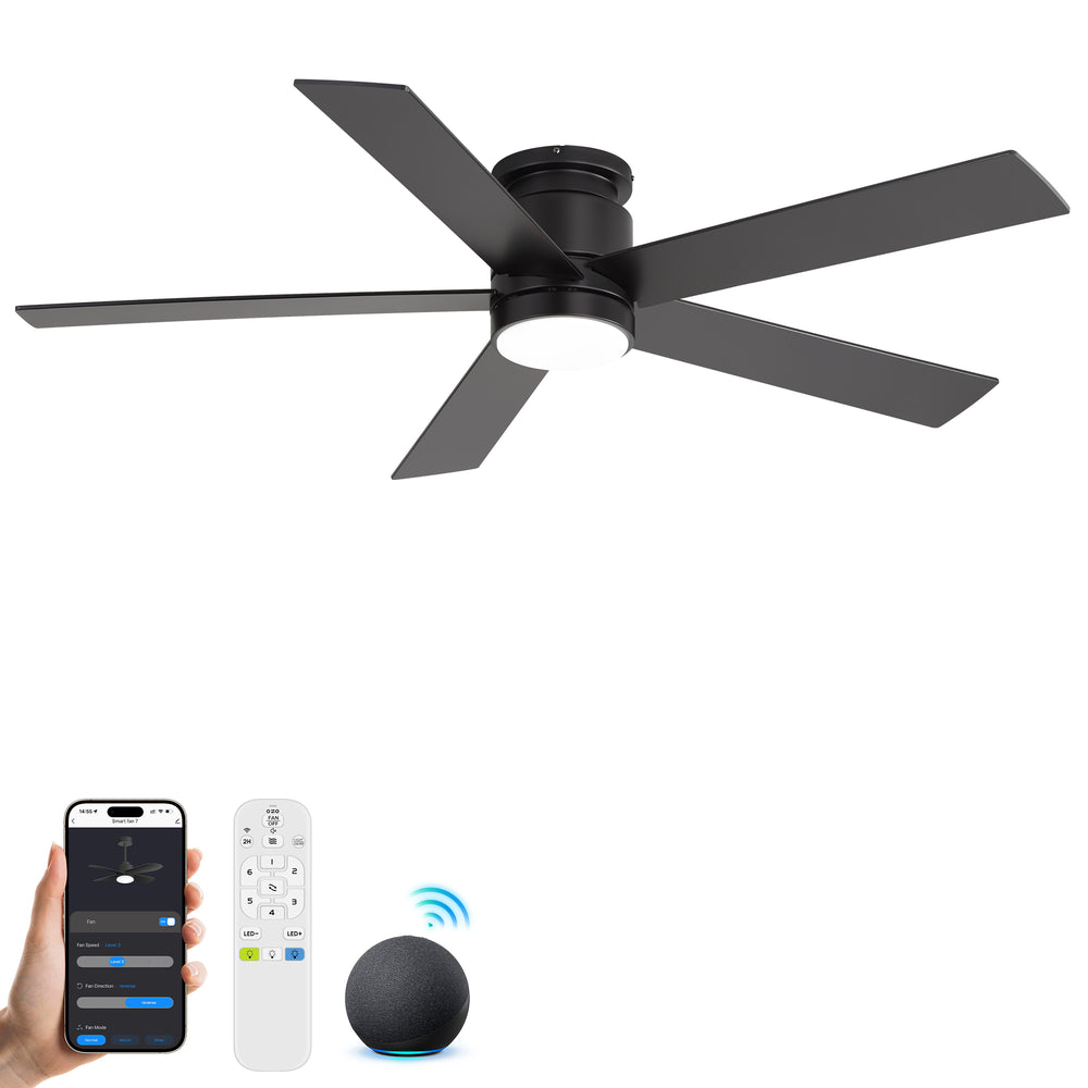 52" Smart Ceiling Fan with Lights and Remote, Flush Mount, APP & Alexa Voice Control, Quiet DC Motor, 6 Speeds, Reversible, 3CCT Dimmable LED, Black