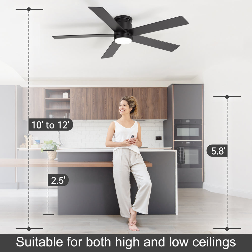 52" Smart Ceiling Fan with Lights and Remote, Flush Mount, APP & Alexa Voice Control, Quiet DC Motor, 6 Speeds, Reversible, 3CCT Dimmable LED, Black