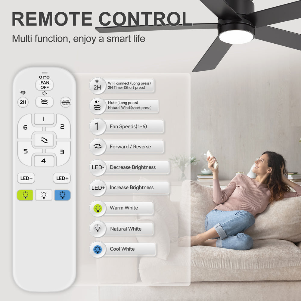 52" Smart Ceiling Fan with Lights and Remote, Flush Mount, APP & Alexa Voice Control, Quiet DC Motor, 6 Speeds, Reversible, 3CCT Dimmable LED, Black