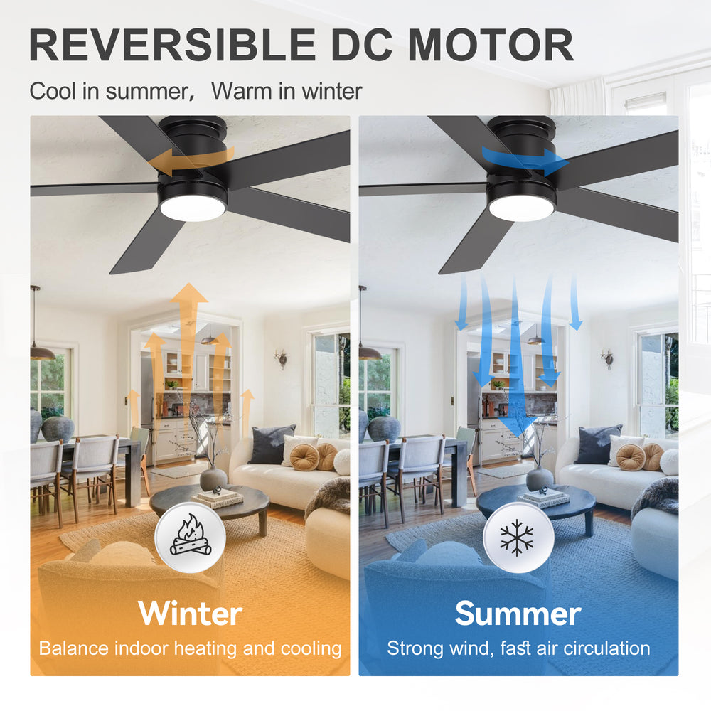 52" Smart Ceiling Fan with Lights and Remote, Flush Mount, APP & Alexa Voice Control, Quiet DC Motor, 6 Speeds, Reversible, 3CCT Dimmable LED, Black
