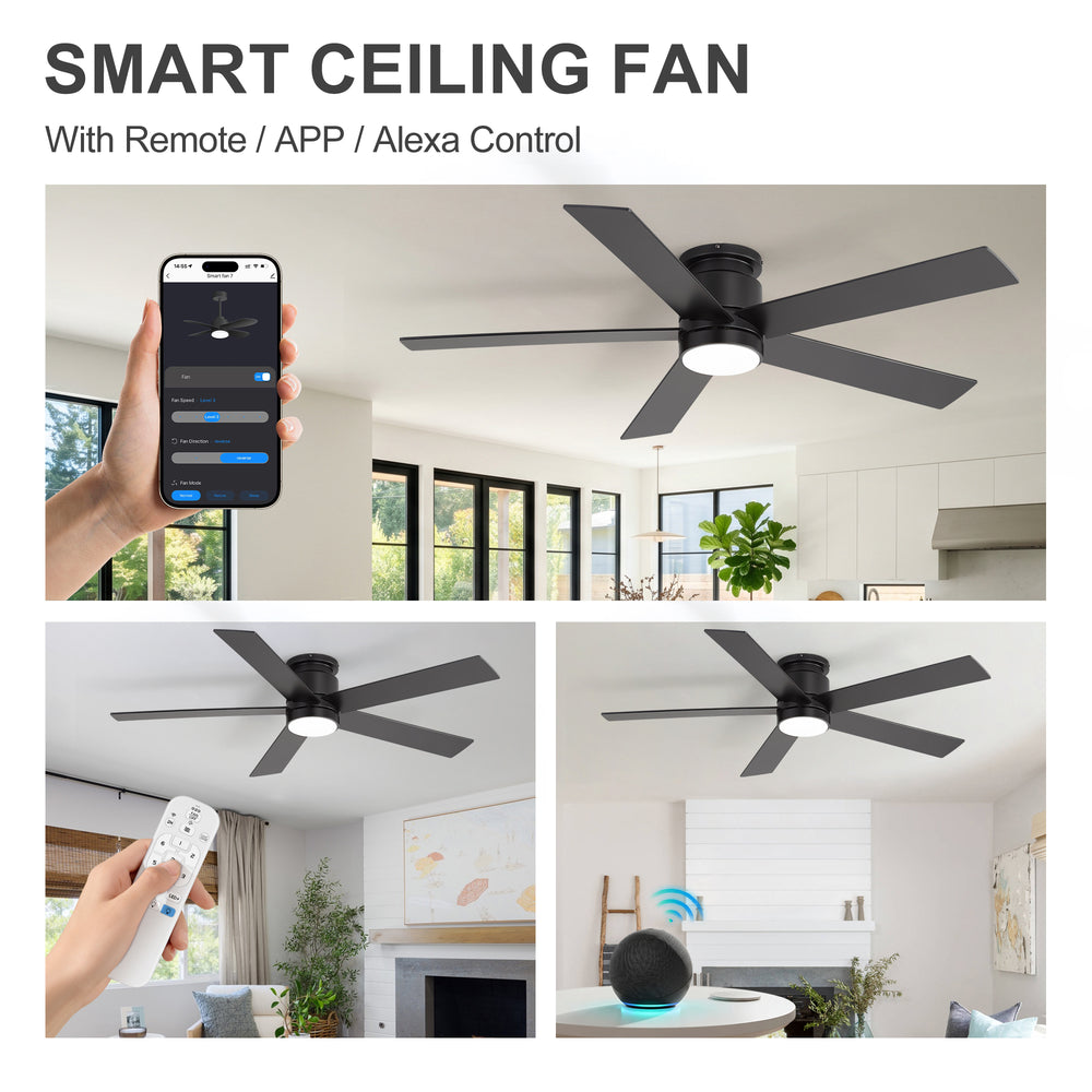 52" Smart Ceiling Fan with Lights and Remote, Flush Mount, APP & Alexa Voice Control, Quiet DC Motor, 6 Speeds, Reversible, 3CCT Dimmable LED, Black