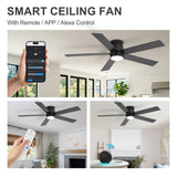52" Smart Ceiling Fan with Lights and Remote, Flush Mount, APP & Alexa Voice Control, Quiet DC Motor, 6 Speeds, Reversible, 3CCT Dimmable LED, Black