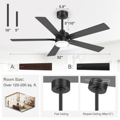 52" Modern Ceiling Fan with Light, Matte Black Finish, 5 Reversible Blades, Double Acrylic Lampshade with Integrated 18W LED (3 Color Temps & Memory), Quiet DC Motor, 6 Speeds with Timer, Remote, Forward/Reverse Airflow, Includes 5" & 10" Downrods