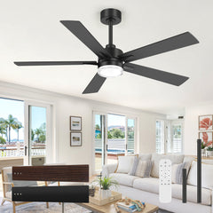 52" Modern Ceiling Fan with Light, Matte Black Finish, 5 Reversible Blades, Double Acrylic Lampshade with Integrated 18W LED (3 Color Temps & Memory), Quiet DC Motor, 6 Speeds with Timer, Remote, Forward/Reverse Airflow, Includes 5" & 10" Downrods