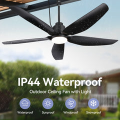 52-inch Waterproof Outdoor Ceiling Fan with Light, 5 ABS Blades, 18W LED 3-Color Temp, Quiet DC Motor 6-Speed Reversible, Remote Control & Timer, Includes 6" & 10" Downrods, IP44 Rated for Patio, Porch