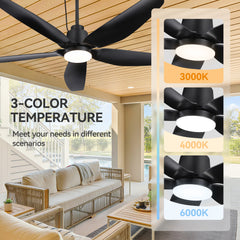 52-inch Waterproof Outdoor Ceiling Fan with Light, 5 ABS Blades, 18W LED 3-Color Temp, Quiet DC Motor 6-Speed Reversible, Remote Control & Timer, Includes 6" & 10" Downrods, IP44 Rated for Patio, Porch