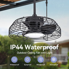 19" Outdoor Waterproof Ceiling Fan with LED Light, IP44 Rated, Plug-In Design, 3 ABS Blades, DC Motor, 6 Speeds, Reverse Mode, 1–12H Timer, Remote Control, 3-CCT 24W LED, Works with 6"/10" Downrods