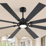 Close-up view from below of Jovora 72-inch large black 8-blade ceiling fan with LED light glowing warm