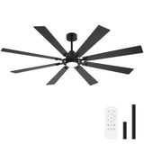 Full product view of Jovora 72-inch large black 8-blade ceiling fan with light remote and 6-inch 10-inch downrods included
