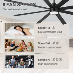 72-Inch Large Ceiling Fan with Light, Matte Black 8-Blade Ceiling Fan, Quiet DC Motor, 3CCT LED, Reversible, 6 Speeds Remote, Timer, Downrod Mount