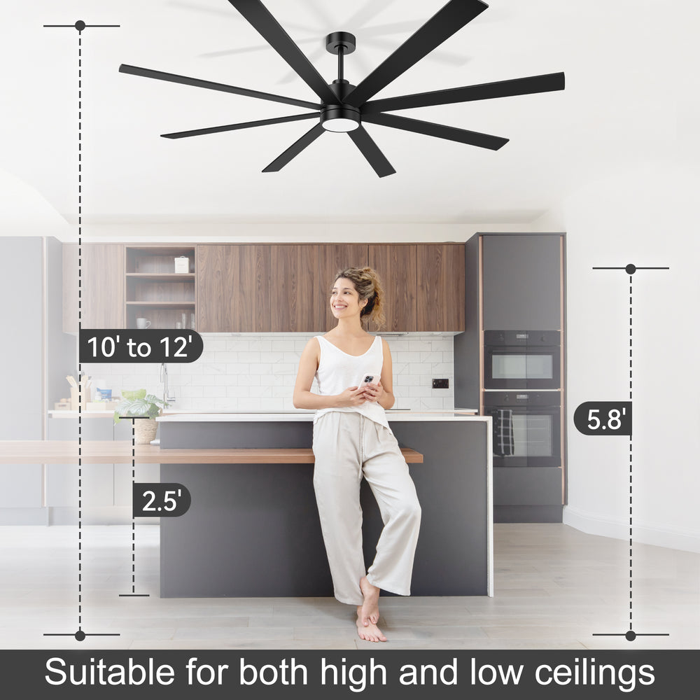 72-Inch Large Ceiling Fan with Light, Matte Black 8-Blade Ceiling Fan, Quiet DC Motor, 3CCT LED, Reversible, 6 Speeds Remote, Timer, Downrod Mount
