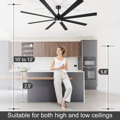 72-Inch Large Ceiling Fan with Light, Matte Black 8-Blade Ceiling Fan, Quiet DC Motor, 3CCT LED, Reversible, 6 Speeds Remote, Timer, Downrod Mount