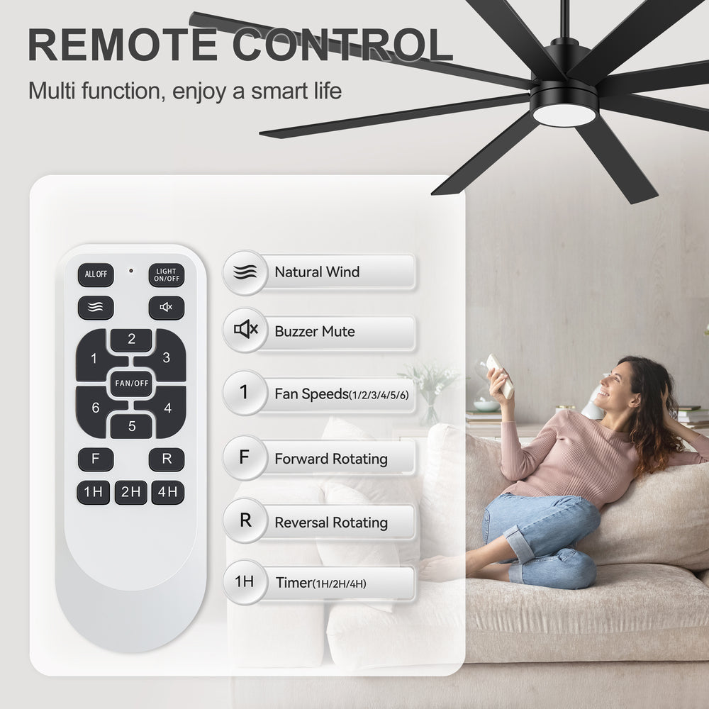 72-Inch Large Ceiling Fan with Light, Matte Black 8-Blade Ceiling Fan, Quiet DC Motor, 3CCT LED, Reversible, 6 Speeds Remote, Timer, Downrod Mount