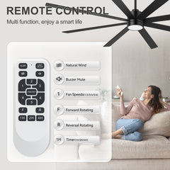 72-Inch Large Ceiling Fan with Light, Matte Black 8-Blade Ceiling Fan, Quiet DC Motor, 3CCT LED, Reversible, 6 Speeds Remote, Timer, Downrod Mount