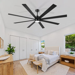 72-Inch Large Ceiling Fan with Light, Matte Black 8-Blade Ceiling Fan, Quiet DC Motor, 3CCT LED, Reversible, 6 Speeds Remote, Timer, Downrod Mount