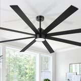 Living room floor-to-ceiling window forest view under Kaelelle 72-inch black 8-blade ceiling fan

