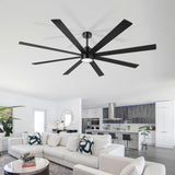 Open living room and kitchen bar under Kaelelle 72-inch black 8-blade ceiling fan with light
