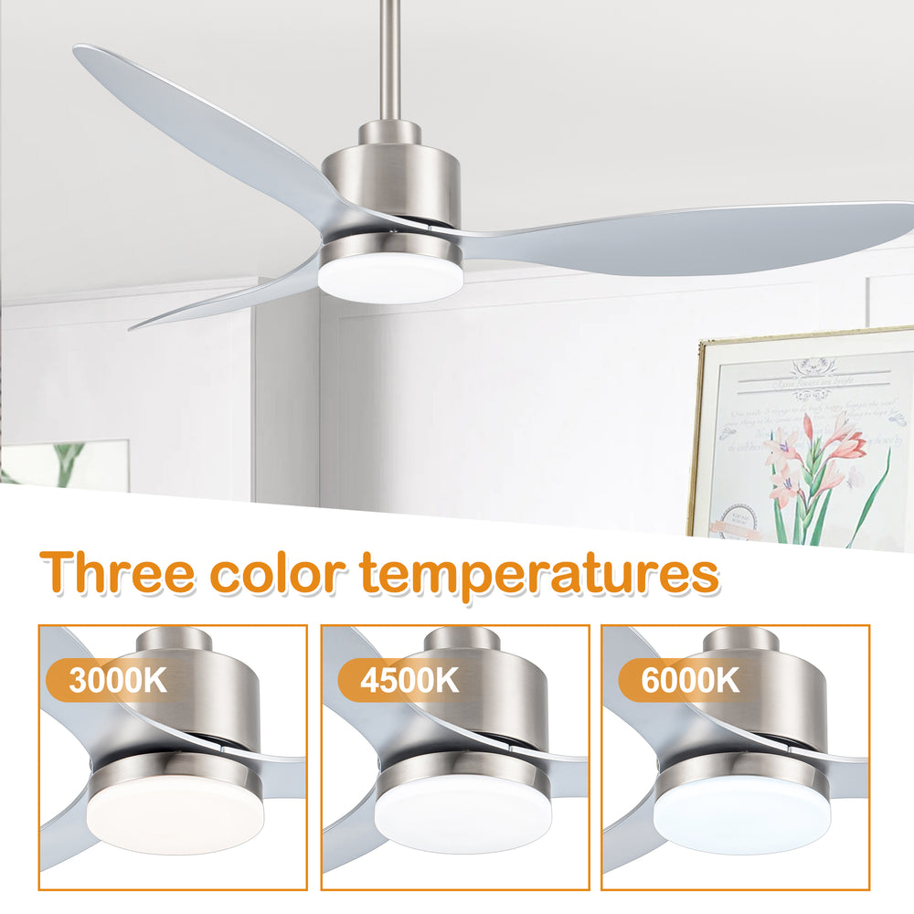 52-Inch Modern Ceiling Fan with Light, 3 ABS Blades, 18W LED with 3 Color Temperatures, Remote Control with 6 Speeds, Reverse Function, Timer, Quiet DC Motor, Includes 5" & 10" Downrods, Ideal for Dining, Bedroom, and Living Room