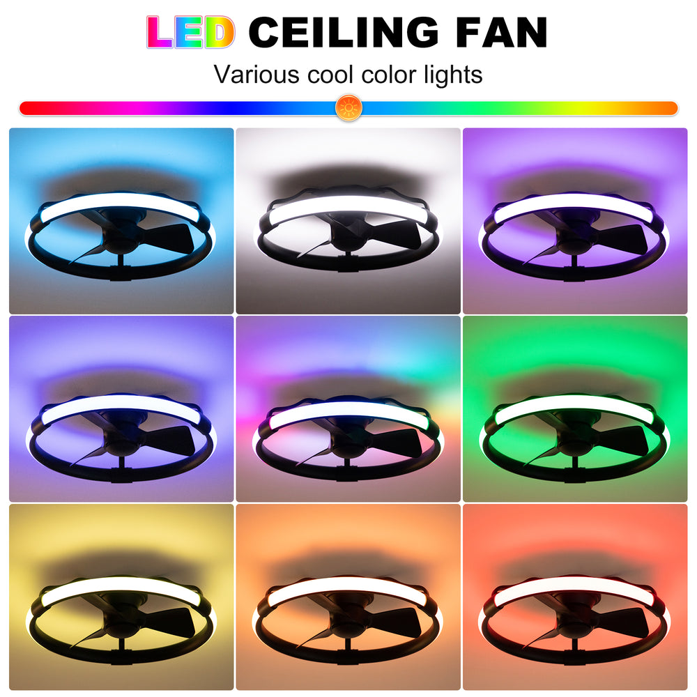 24 Inch Flush Mount RGB Ceiling Fan with Light, Dimmable 3CCT LED Light, 6-Speed Reversible DC Motor, Remote Control, Low Profile Enclosed Fan