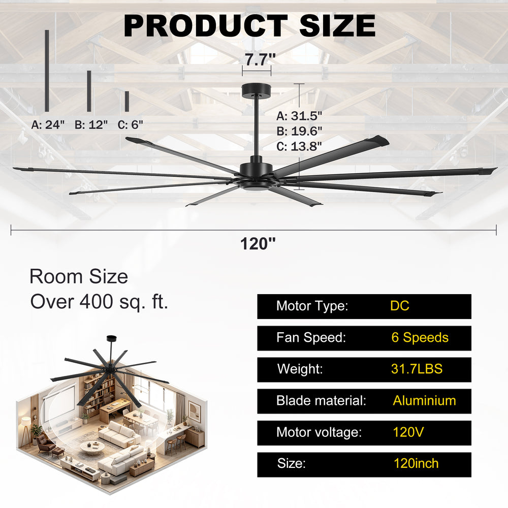 120 Inch Large Industrial Ceiling Fan with 8 Aluminum Blades No Light, Quiet Reversible DC Motor, 6 Speeds, Remote Control, Black, Warehouse Garage Commercial Ceiling Fan
