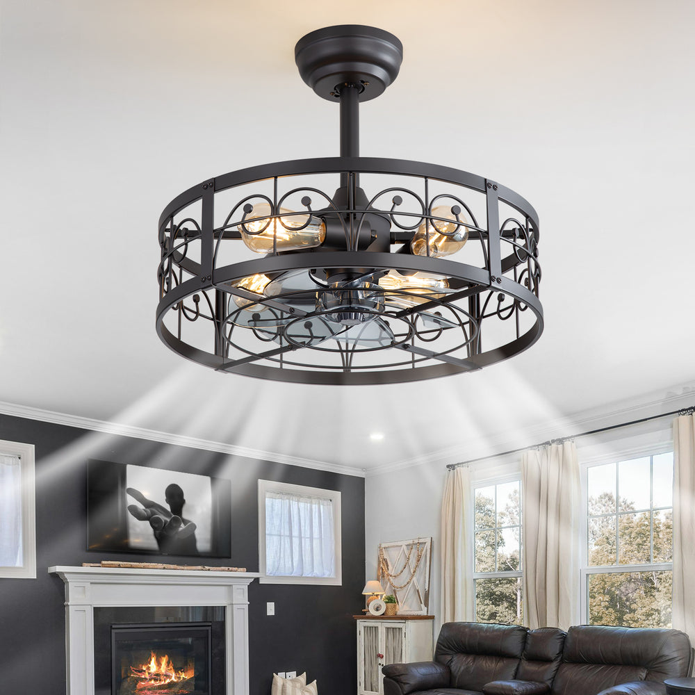 20-inch Matte Black Metal Caged Ceiling Fan with Light and Remote,7 ABS Blades,4in and 8in Downrod Included