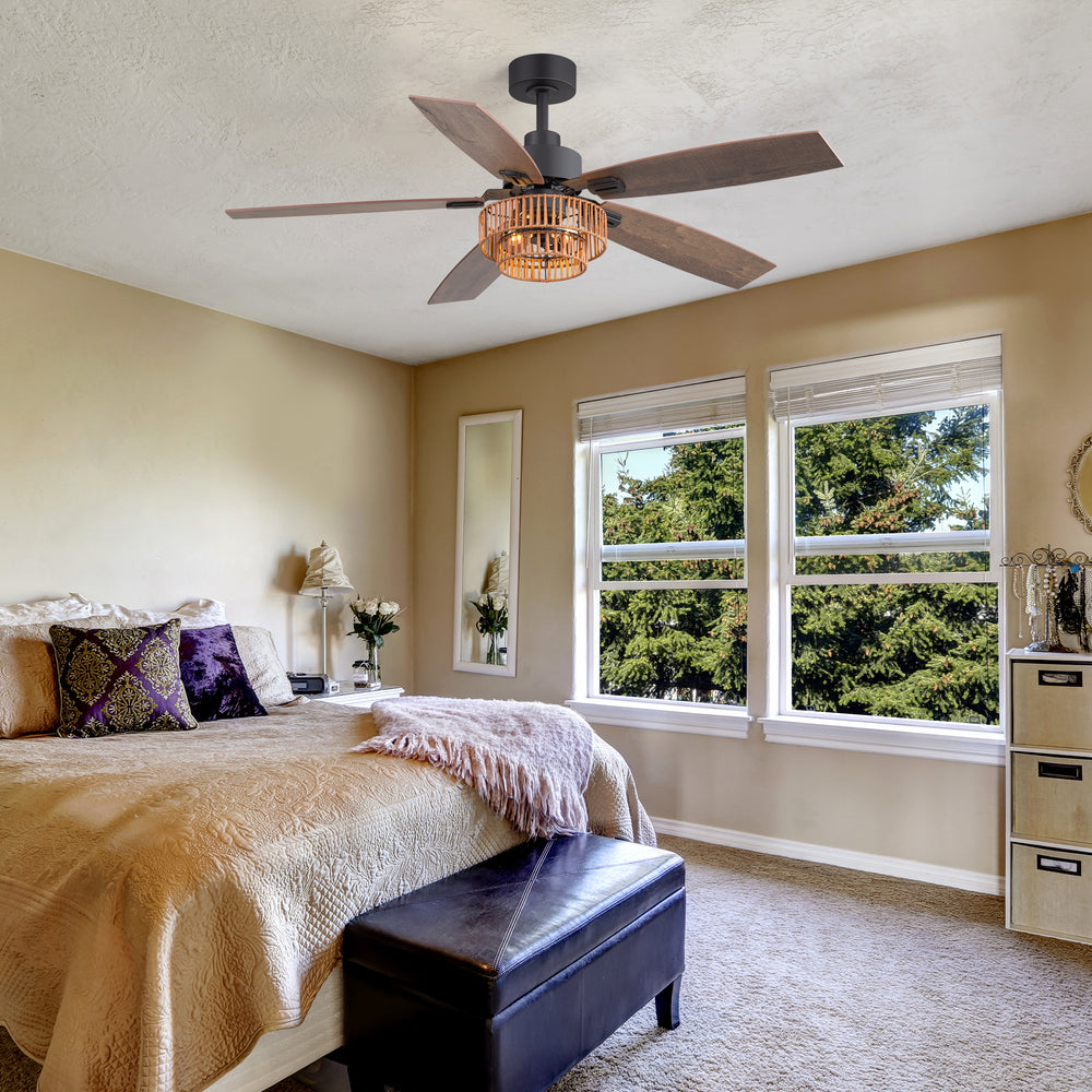 52-inch Farmhouse Ceiling Fan with Light, 5 Dual-Finish Reversible Plywood Blades, Quiet Energy-Saving DC Motor, E12 Bulb Base, 6-Speed Remote Control with Timer, Forward/Reverse Rotation, and 6" Downrod Included