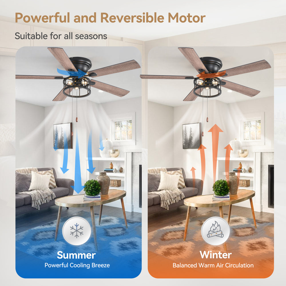 52-inch Indoor Black Ceiling Fan with Light Kit and Pull Chain Included