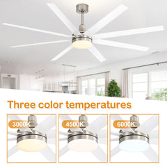 Brynner 65/72 Inch Satin Nickel LED Ceiling Fan with Light Remote(8-Blade) - Satin Nickel
