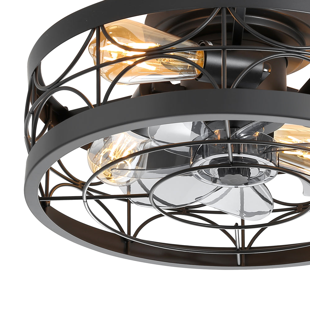 Close-up of Ravora caged ceiling fan with four E26 light positions