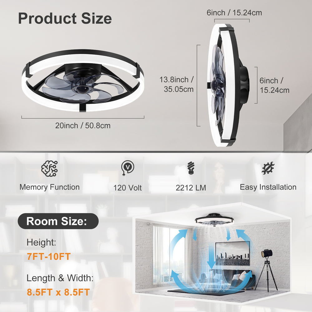 20 Inch Modern Flush Mount Ceiling Fan with Lights, Remote Control Low Profile Ceiling Fan for Bedroom, Quiet Reversible DC Motor, Dimmable LED