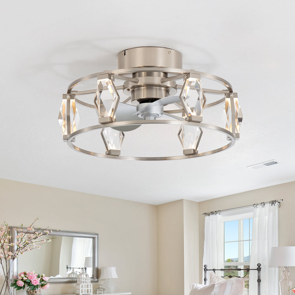 20.8-inch Flush Mount Crystal Ceiling Fan with Dimmable LED Light and Remote(3-Blade)