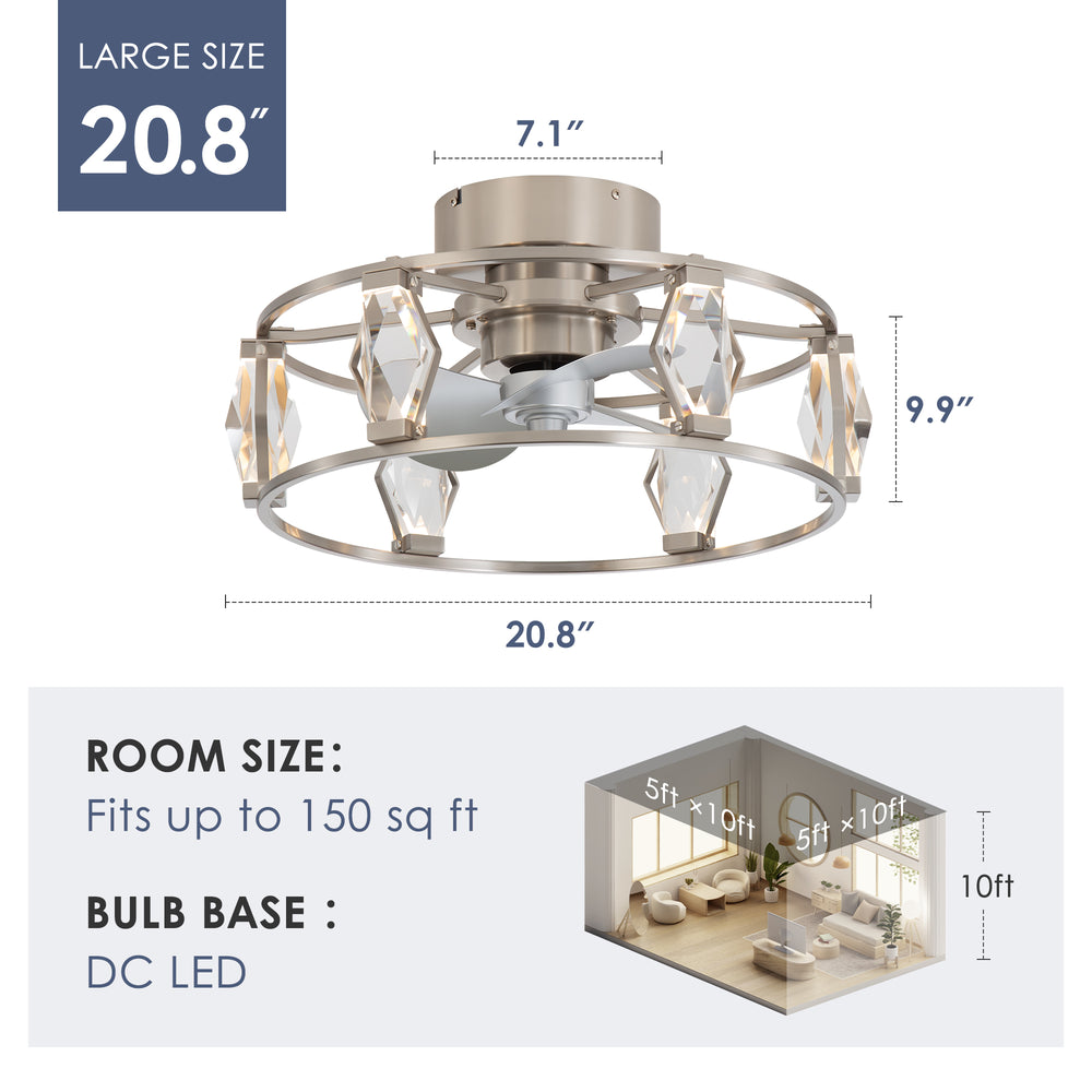 20.8-inch Flush Mount Crystal Ceiling Fan with Dimmable LED Light and Remote(3-Blade)