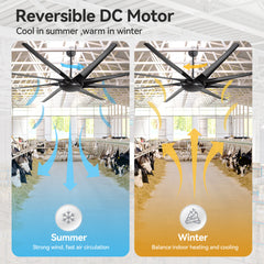 100" Oversized HVLS Ceiling Fan No Light, Matte Black Finish, 8 ABS Blades, Quiet Energy-Saving 67W DC Motor, 6 Speeds with Timer, Remote Control, Reversible Airflow for Year-Round Comfort, Includes 12"/24"/36" Downrods for Flexible Installation
