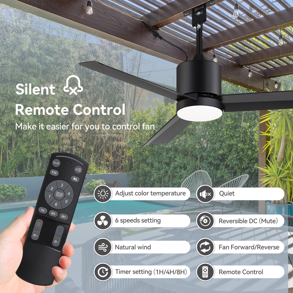 42-Inch Outdoor Ceiling Fan with Light, Matte Black Waterproof Ceiling Fan, 3-Blade Quiet DC Motor, Dimmable LED 3CCT, 6 Speeds Remote, Timer, Reversible for Patio Porch Gazebo